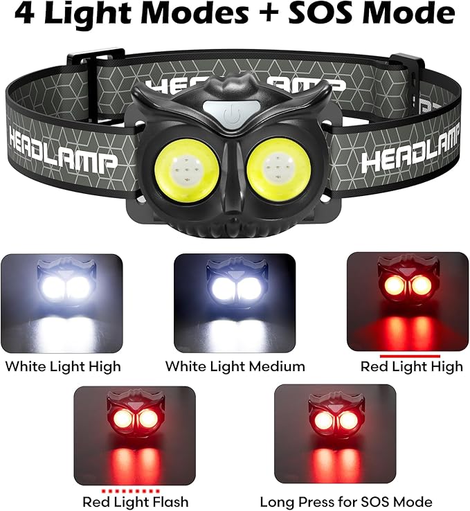 Lsnisni Headlamp Rechargeable,Ultra-Light Bright LED Kids Headlamp with Red Light, Head lamp for Adults and Kids with 5 Modes, Waterproof Forehead Flashlight for Camping Outdoor Hiking Running