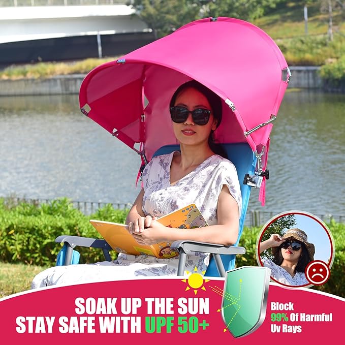 Universal Chair Umbrella Canopy, UPF 50+ Chair Sun Shade Attachment with Adjustable Clamp Fits Most Brands’ Beach, Camping, Lawn, Wheelchair, Tanning, Zero Gravity, Lounge, Fishing Chairs, Patented