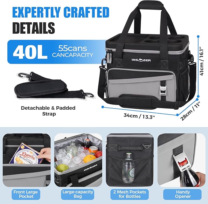 INSMEER Soft Cooler Bag with Hard Shell & 4 Cup Holders, 55 Cans 40L Collapsible Soft Sided Cooler, 100% Leakproof Insulated Cooler Bag Portable for Beach Travel Camping Picnic