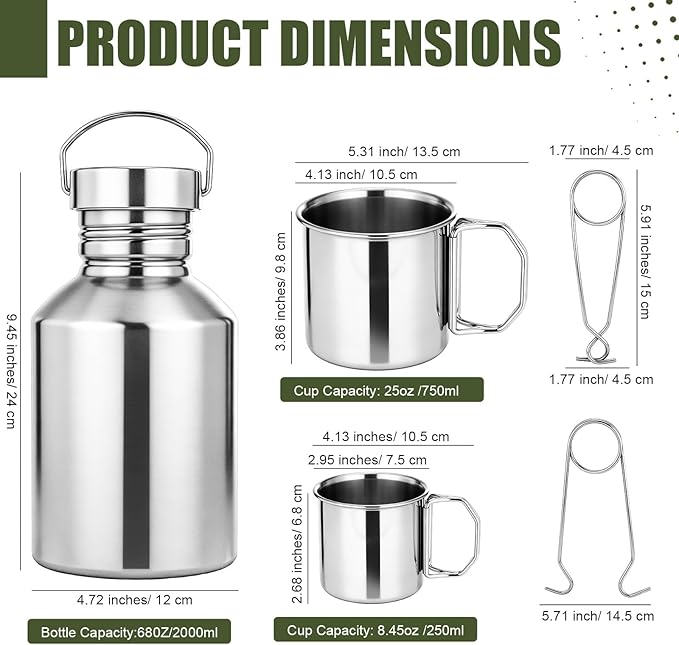 68oz Canteen Large Stainless Steel Water Bottle with 2 Nested Camping Cups Leak Proof Reusable Thickened Metal Canteen Wide Mouth Water Boiler Survival Gear for Camping Hiking and Backpacking