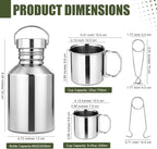 68oz Canteen Large Stainless Steel Water Bottle with 2 Nested Camping Cups Leak Proof Reusable Thickened Metal Canteen Wide Mouth Water Boiler Survival Gear for Camping Hiking and Backpacking