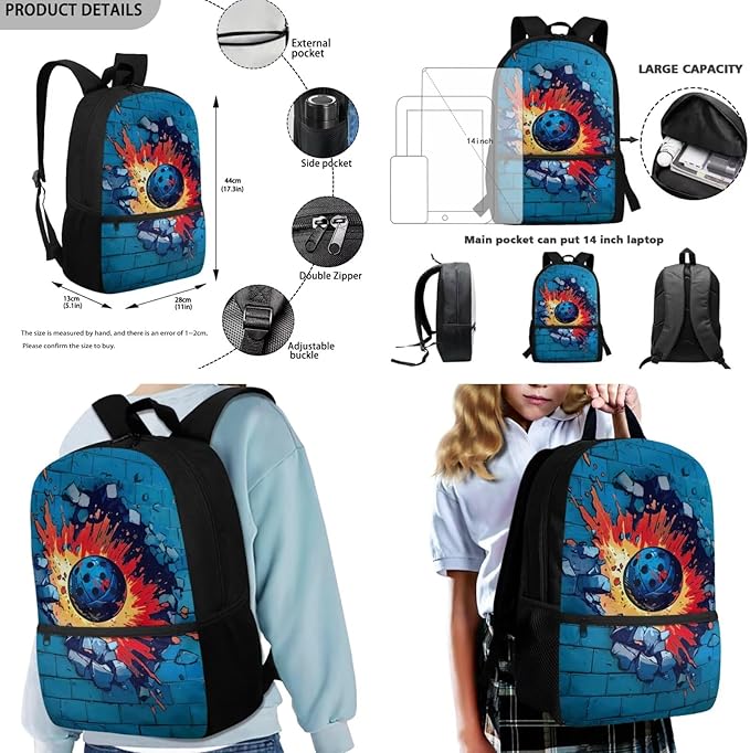 Rnyleeg Fire Pickleball Backpack for Kids 6-8 with Lunch Box Funny Boys Backpack Set Lightweight Book Bag Set 3-in-1 for Elementary Students Back to School Gifts