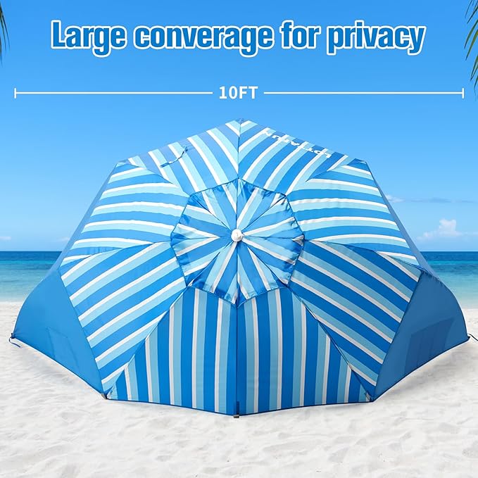 Beach Shelter Umbrella Premiere UPF 50+ Umbrella Shelter for Sun and Rain Protection for Adult (10-Foot,Blue Stripe)