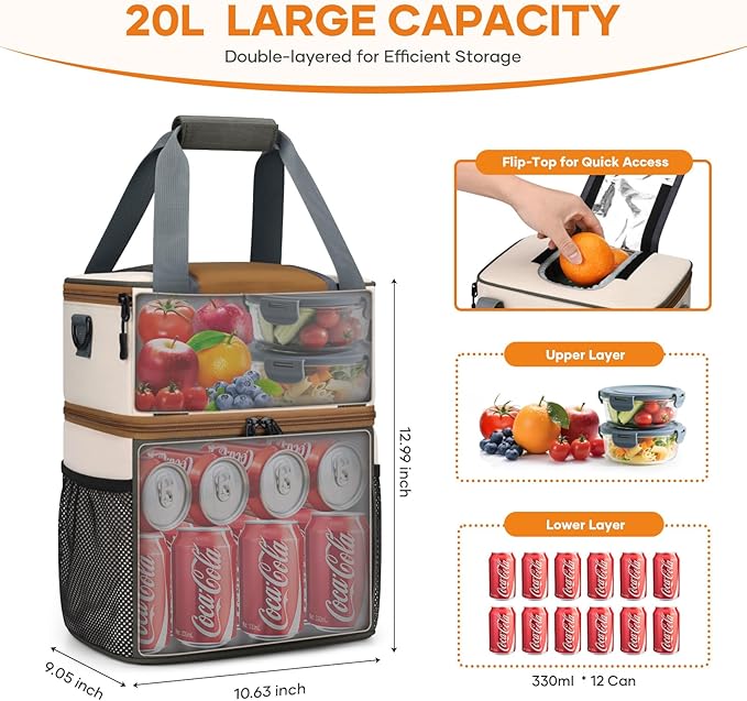 Maelstrom Lunch Box for Women, 20L Insulated Lunch Bag Men, Leakproof Double Deck Cooler Bag, Soft Lunch Cooler with Quick Access Flip-Top Lid for Work, Beach,Travel, Camping