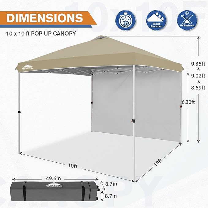EAGLE PEAK Commercial Canopy 10x10 Pop Up Canopy Tent with 1 Sidewall, Easy Setup Heavy Duty Instant Event Shelter for Vendors & Markets, Outdoor Sun Shade, Light Beige