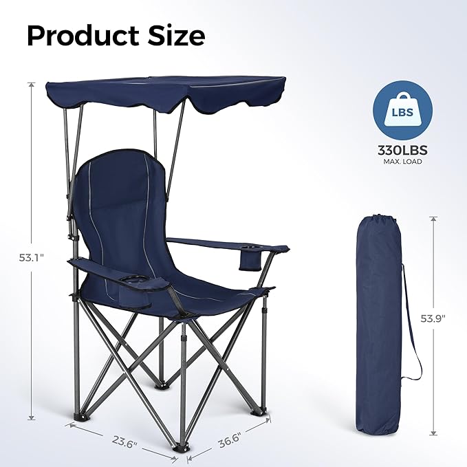 ALPHA CAMP Heavy Duty Canopy Lounge Chair Sunshade Hiking Travel Chair with Cup Holder