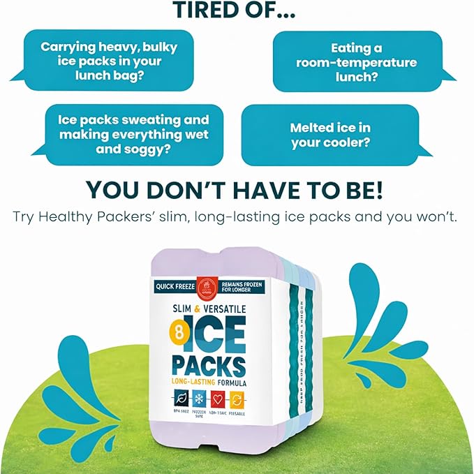 Healthy Packers Reusable Ice Packs for Lunch Boxes - Long Lasting Slim Freezer Packs, Thin Non-Toxic BPA-Free Hard Gel Ice Blocks for Coolers, Kids & Adults Lunch Bags, Travel, Camping, Food Storage
