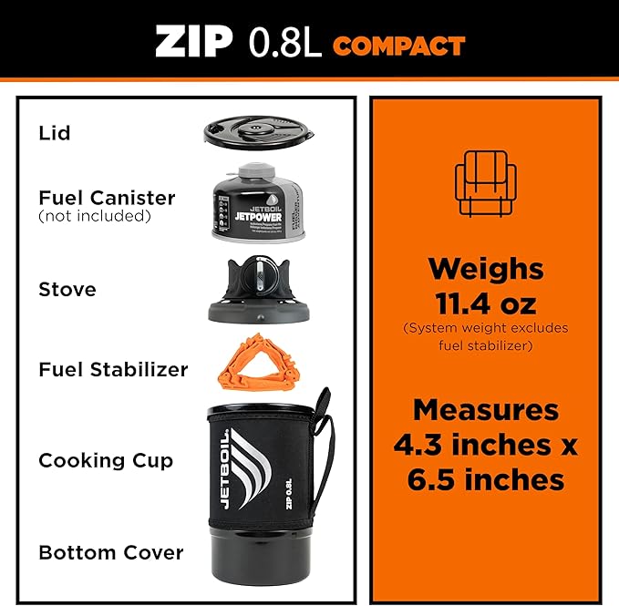 Jetboil Zip 0.8L Portable Fast Boil Stove with Easy-Turn Knob Igniter for Backpacking and Camping, Propane/Isobutane Burner