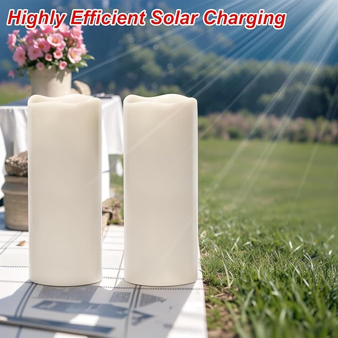 Wondise Large Solar Powered Candles Outdoor Waterproof IP65 Rechargeable LED Candles Battery Operated Dusk to Dawn Plastic for Camping Patio Porch Lanterns(2 Pack, 4" D x 10" H)