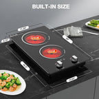 2 Burner Electric Cooktop, 2100W Electric Stove Top Hot Plate, 12 inch Countertop Burner & Built-In Stove Top, 9 Levels of Power, Knob Control, Timer & Kid Safety Lock, Residual Heat Warning