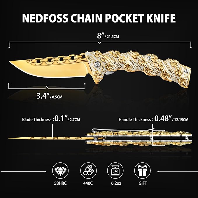 NedFoss CHAIN Pocket Knife Gifts for Her, Mothers Day Christmas Valentines Day Gifts for Women Mom Dad Wife Husband, 3.5 inch Personalized Folding Cool knives with 3D Pattern Handle, Camping Knife for Hunting Hiking (Gold)