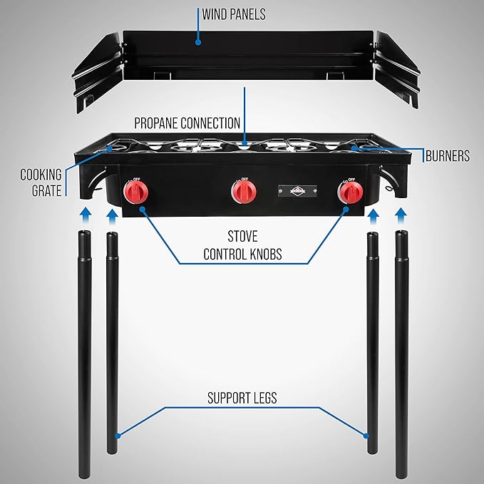 Hike Crew Cast Iron 3-Burner Outdoor Gas Stove | 225,000 BTU Portable Propane Cooktop w/Blue Flame Control, Removable Legs, Temperature Control Knobs, Wind Panel, Hose, Regulator & Storage Carry Case