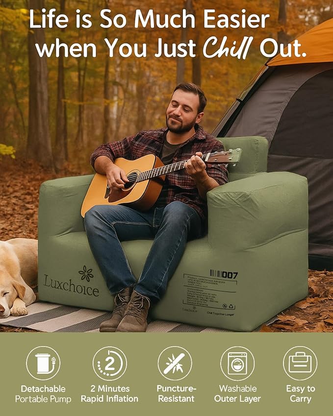 Inflatable Couch with Built-in Cordless Rechargeable Pump Durable Blow Up Sofa Chair Portable Camping Couch Waterproof Inflatable Furniture for Outdoor Beach Home Festivals Backyard Party | Cordless Air Pump, Durable Fabric, Puncture Resistant, Easy In...