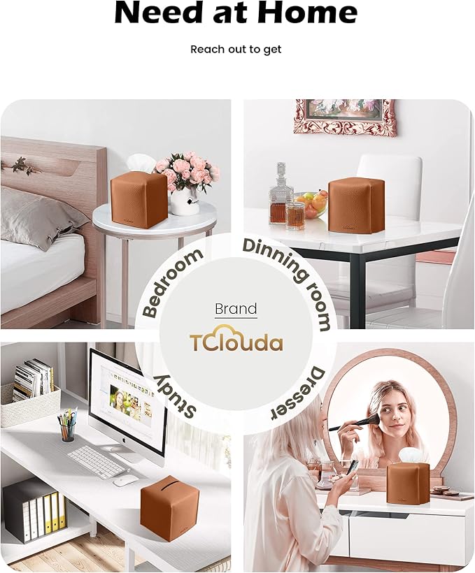 Tissue Box Cover for PU Leather, Modern Simple Solid Color Holder Square Tissue Bag, Ideal for Bathrooms,Office,Car,Nightstand,Outdoor Tent,Dining Table,5"X5"X5", Double Camel