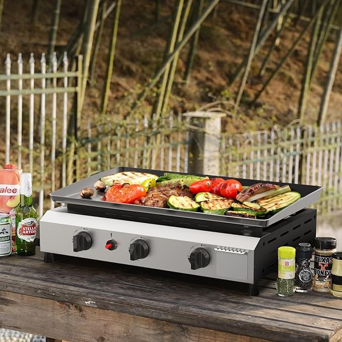 SKOK 3 Burner Outdoor Propane Griddle - 23.3 Inch, 30000 BTU, Portable Flat Top Gas Grill for Camping BBQ