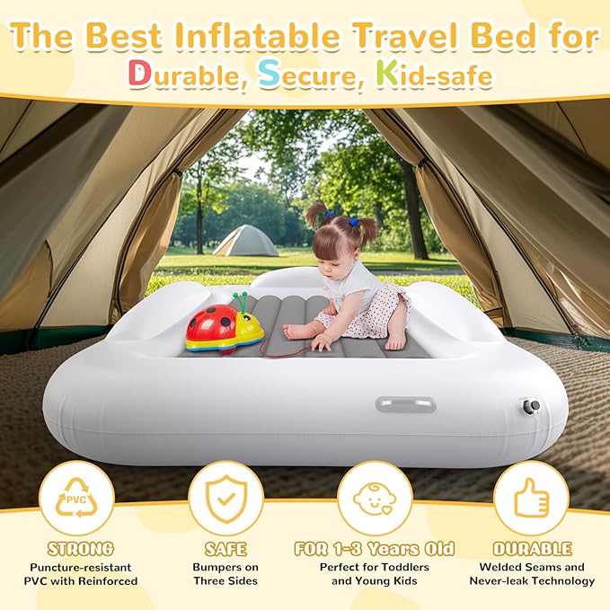 Inflatable Kids Travel Bed - Portable Comfortable Air Mattress with 3 Sides Safety Bumpers - Blow Up Bed for Camping & Travel (53 Inches)