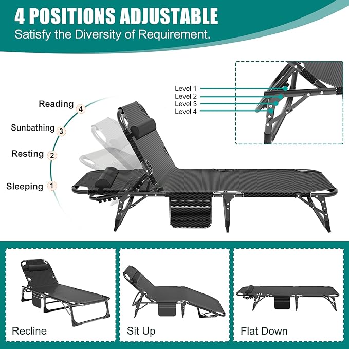 DoCred Folding Lounge Chair with Mattress, 5 Position Adjustable Folding Sleeping Bed Cot Chaise Lounge Chairs Perfect for Sunbathing, Camping, Pool, Beach, Patio