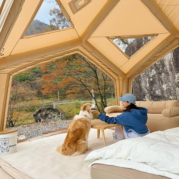 Coody Inflatable Canvas Camping Tents with Stove Jack – Premium Air Beam Family Glamping Tent, Breathable Cotton Canvas, Fast Setup Air Tent with Pump
