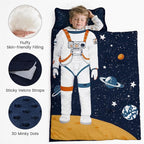 PHF Toddler Nap Mat with Removable Pillow and Minky Fleece Blanket, Rollup Design Warm Slumber Bags for Boys Girls, 52"x20"x2" Kids Sleeping Bag for Daycare Preschool Travel Camping, Astronaut