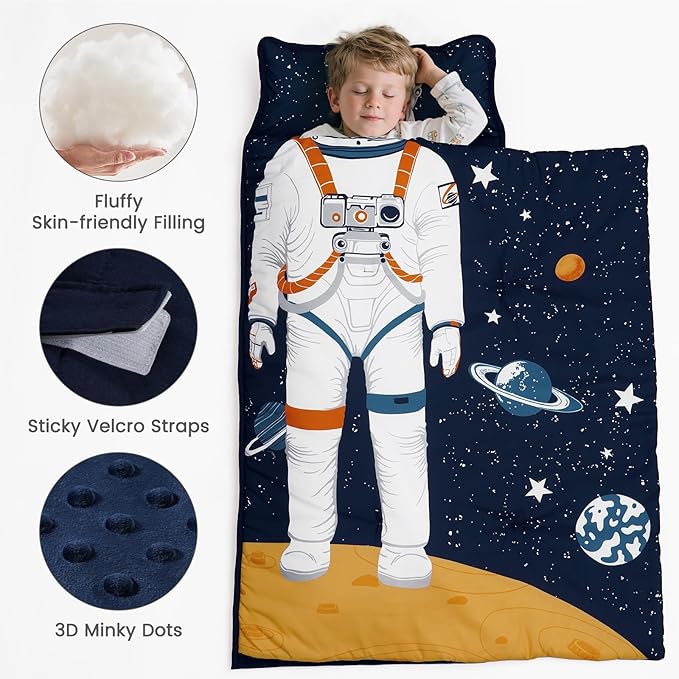 PHF Toddler Nap Mat with Removable Pillow and Minky Fleece Blanket, Rollup Design Warm Slumber Bags for Boys Girls, 52"x20"x2" Kids Sleeping Bag for Daycare Preschool Travel Camping, Astronaut