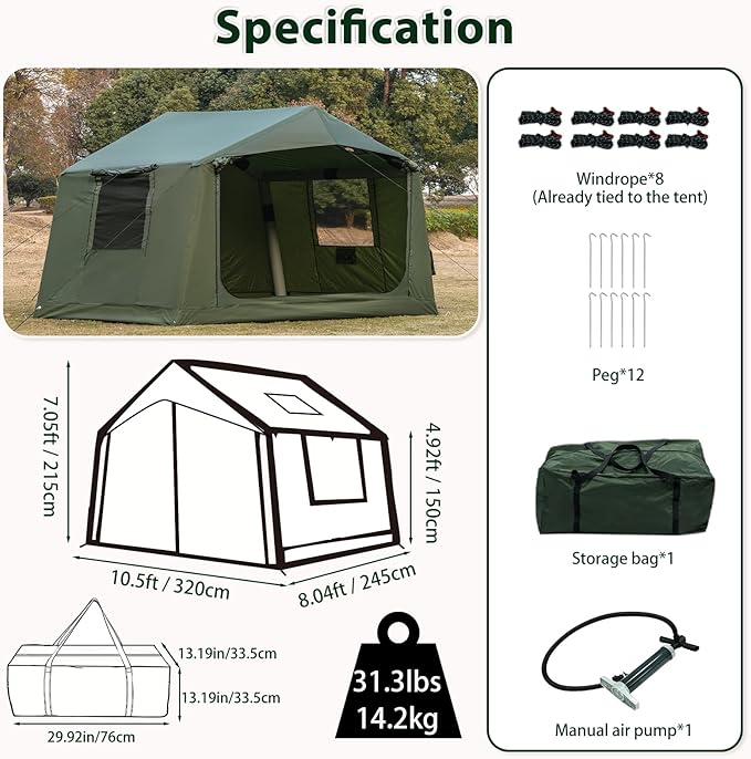 Inflatable Camping Tent with Hand Pump Waterproof Outdoor Blow up Tent 2-8 Person Oxford 4 Season Glamping Air Tent Cabin House with Mesh Windows & Door