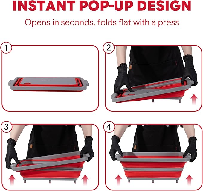 9-IN-1 Collapsible BBQ Prep Tub with Cutting Board, Portable Grill Prep Station with Side Brackets, Lids, Knives, Meat Claws and Drain Rack, Space-Saving for Kitchen, RV, Camping, Red