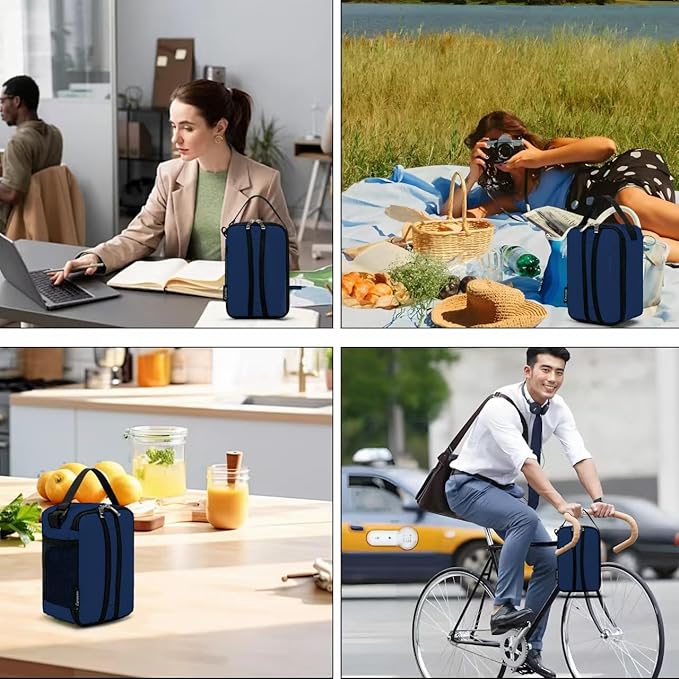 BEIMILY Mini Insulated Lunch Bag for Women Men,Portable Refrigerated Lunch Box,Soft Insulated Tote Cooler Bag for Work Camping Hiking Picnic with Comfort Handle and Removable Hand Strap,Dark Blue