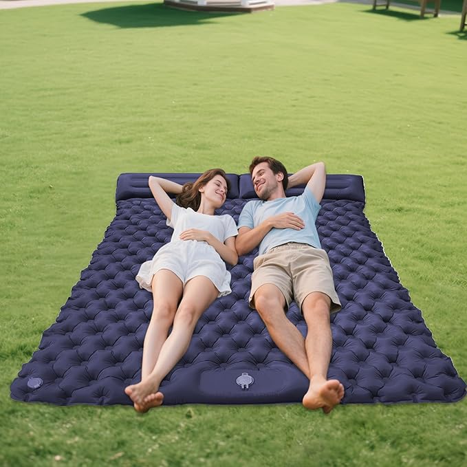 Inflatable Travel Mat with Built-in Pillow - Double Sleeping Pad, Compact Lightweight Gear for Camping Hiking Trekking Tent Backpacking Outdoor Adventures Rest Comfort Air Cushion
