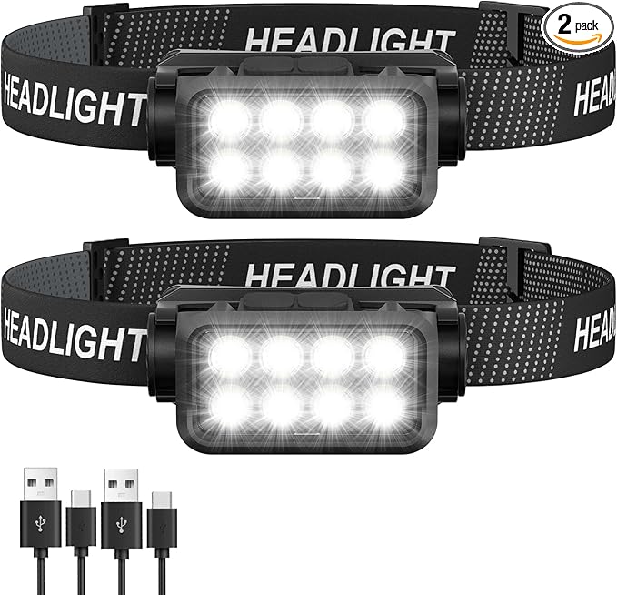 Rechargeable Headlamp Flashlight 2-Pack, 8 LED 2500 Lumen Ultra-Light Bright Headlight, Waterproof Lightweight Head Lamp for Adult Kid, Headlamps for Outdoor Camping Running Fishing
