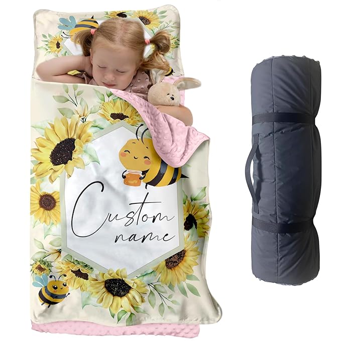 Custom Toddler Nap Mat for Preschool, Personalized Name Kids Sleeping Bag with Yellow Bee Pattern for Daycare, Roll Up Sleeping Mat with Removable Pillow and Soft Dot Minky Blanke for Girls Camping