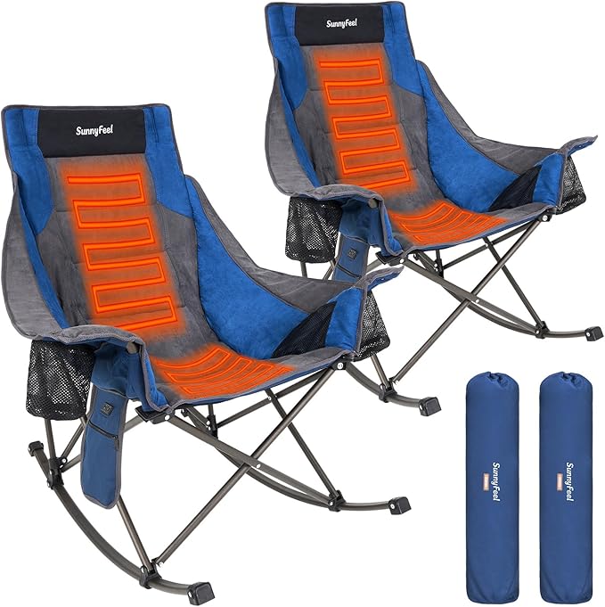 SUNNYFEEL Heated Rocking Camping Chair 2 Pack Fully Padded Patio Folding Chair Portable Oversized Outdoor Rocker High Back Lawn Recliner with Side Pocket Camp Rocker Chairs for Adults 500 LBS Blue