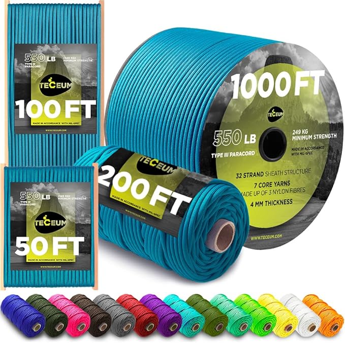 TECEUM 5/32" Paracord Rope 1000 – 1000ft / 200ft / 100ft / 50ft – Tactical Parachute Cord 4mm – 45+ Colors – Nylon String for Survival & Camping Gear – Stripe Cord for Survival – Utility Rope