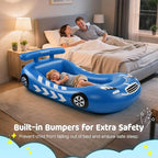 Lewondr Inflatable Kids Bed, Racecar Toddler Air Mattress with Safety Bumpers, Toddler Blow up Mattress with Hand Pump, Portable Toddler Travel Bed for Camping, Sleepovers, Vacation & Home, Blue