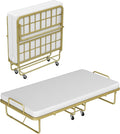 Zenzy Twin Folding Bed with Mattress, CertiPUR-US Certified 4" Mattress Topper & Sturdy Metal Frame, Fold Up Bed for Guest/Bedroom/Office/Camp, 75" x 38", Gold