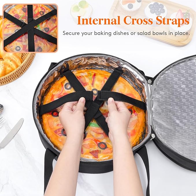 Lifewit Insulated Double Decker Round Casserole Carrier, Portable Pie Carrier Bag for Hot or Cold Food, Fits 12.5" Baking Dish, Thermal Lunch Tote for Potluck Parties, Picnic and Cookouts, Black