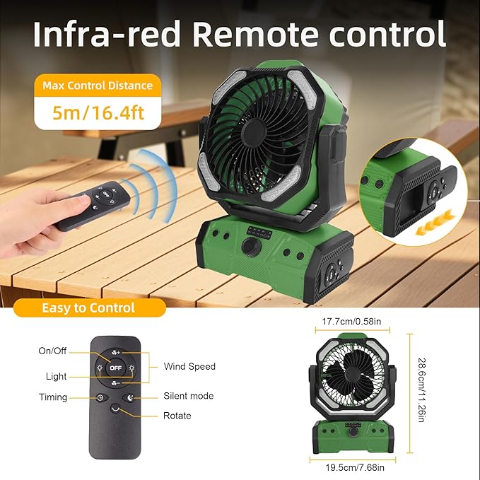 ELZO 30000mAh Camping Fan with LED Light, Max 70H Working, Cordless Portable Rechargeable Desk Tent USB Fan with Remote Hook, Head Rotation, Stepless Speed, for Home Outdoor Office Travel Fishing