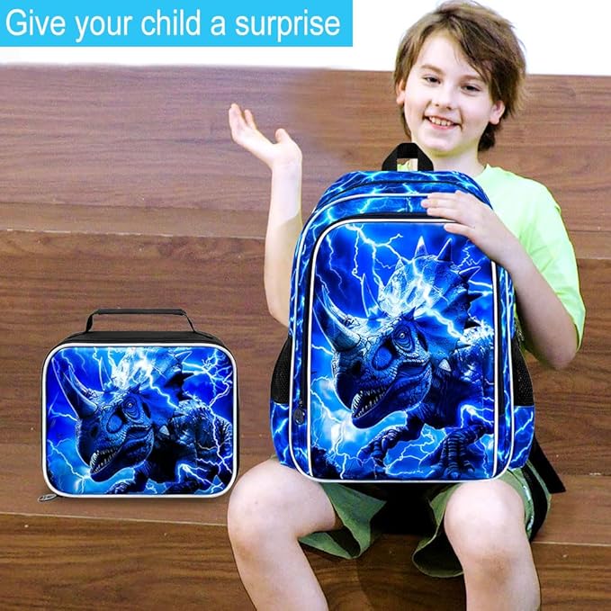 3Pcs Dinosaur Backpack for Boys, 17" Kids Lightning Bookbag for Elementary Preschool Kindergarten, School Backpacks with Lunch Box (Blue)