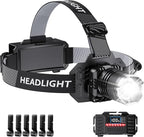 Super Bright Headlamp Rechargeable- LED Head Light, 99000LM Zoom Head Lamp & Rear Red Light, Waterproof Head Torch/Headlight Flashlight with 6 Helmet Clips for Camping, Hiking, Fishing