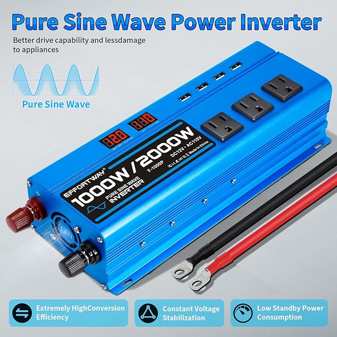1000W Pure Sine Wave Inverter DC 12V to AC 110V/120V Converter 2000w (Peak) Car Power Converter with 3 AC Outlets, 4USB Port,Power Inverter for Car, Truck, Home, Vehicles, Laptop
