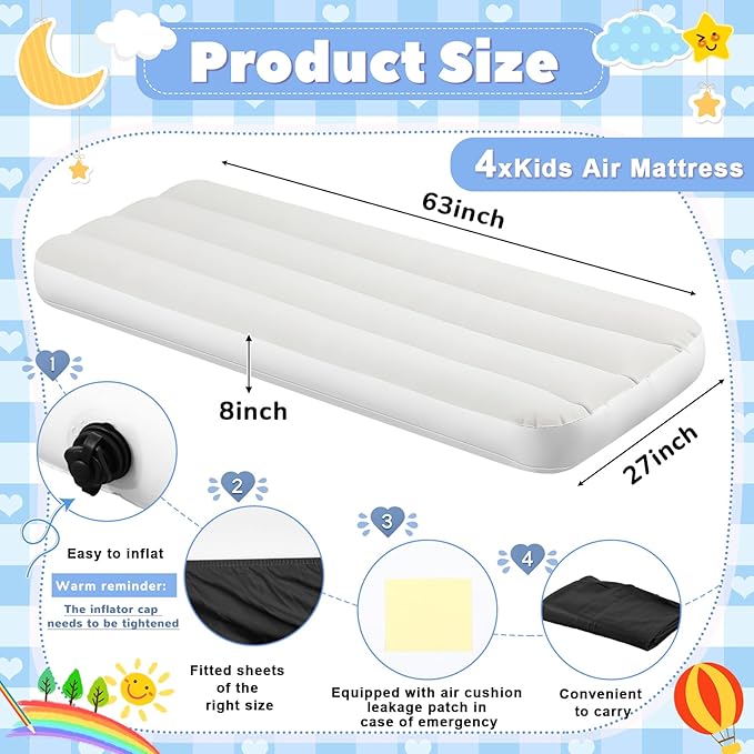 Windyun 4 Sets Kids Air Mattress Bulk with Fitted Sheet,Toddler Inflatable Bed 63 x 27 x 8 Inches Blow up Airbed Camping Sleeping Pad for Aged 3-10 Years Old Birthdays Slumber Sleepover Party (Black)