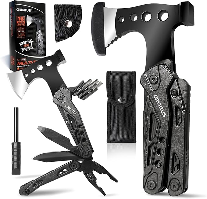 Camping Essentials Multitool Camping Accessories Gifts for Men 16 in 1 Multi Tool Survival Gear with Axe Hammer Pliers Saw Screwdrivers Bottle Opener Whistle for Camping Hiking, Gifts for Dad Him