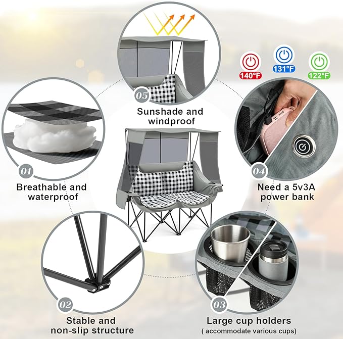 Double Camping Chair with Canopy Shade Oversized Folding Loveseat with Roof, 660lbs Heavy Duty Outdoor Lawn Chair with Holders Pocket for Camping, Fishing (Heating Zones for Cool Evenings)(Gray Plaid)