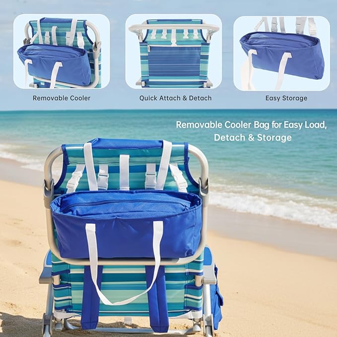 SUNNYFEEL Low Beach Chairs for Adults 5 Position Lay Flat, Portable Folding Backpack Beach Chair Heavy Duty with Cooler Bag, Cup Holder for Outdoor/Lawn/Picnic/Sand, Foldable Camping Chair