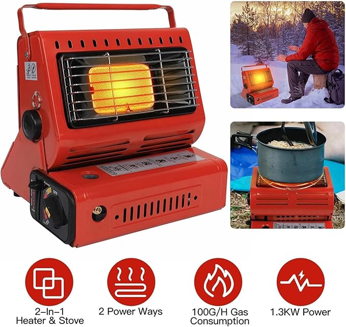 Upgraded 2 In 1 Portable Indoor Butane Heater & Stove with Self Ignition, Safe & Cordless Non Electric Heaters, Butane Emergency Heater for Power Outage, For Camping, Tents, Outdoor (Black)