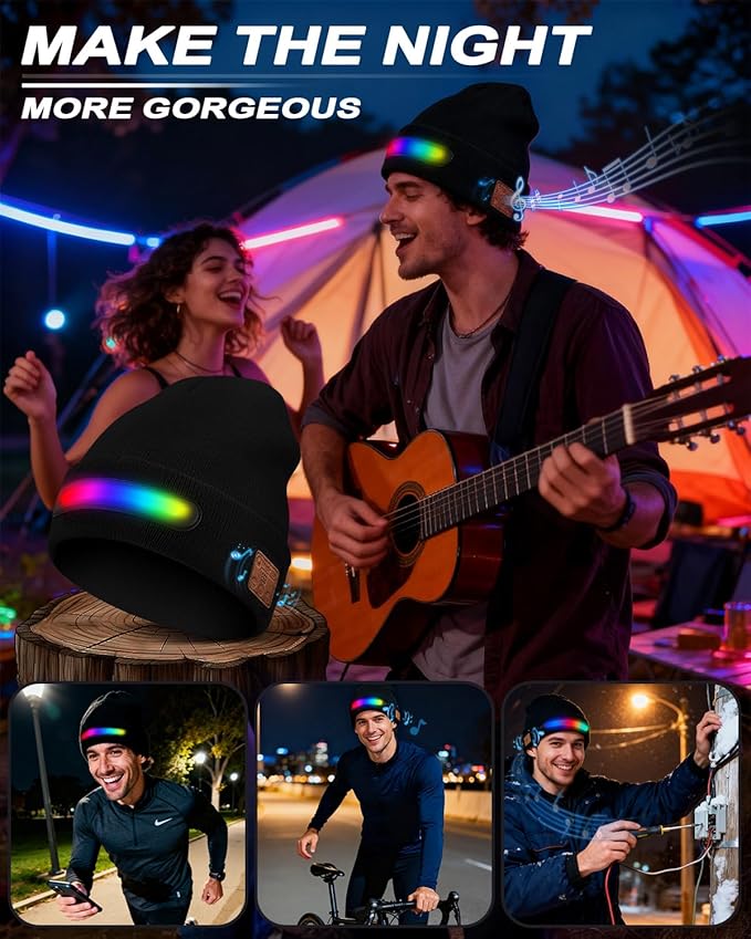 Bluetooth Beanie with Light, USB Rechargeable LED Headlamp Winter Hat, Men Women Valentine's Day Gifts