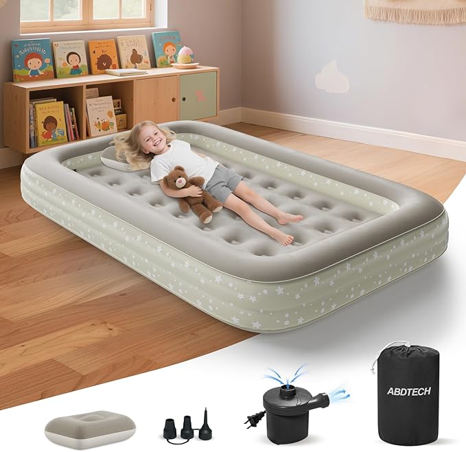 Inflatable Toddler Travel Bed: Portable Blow Up Travel Toddler Bed with Safety Sides - Toddler Air Mattress with Electric Pump ＆ Carry Bag,Ideal for Sleeping and Outdoor Camping (Beige, 60")