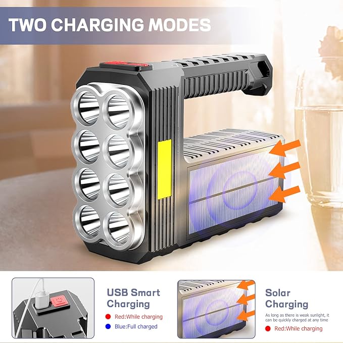 8 LED Solar Flashlight with COB Sidelight, 1000 Lumens Solar Powered Flashlights, Solar or USB Charging Waterproof Handheld Flashlights with 3 Modes for Fishing Outdoor Camping Emergencies