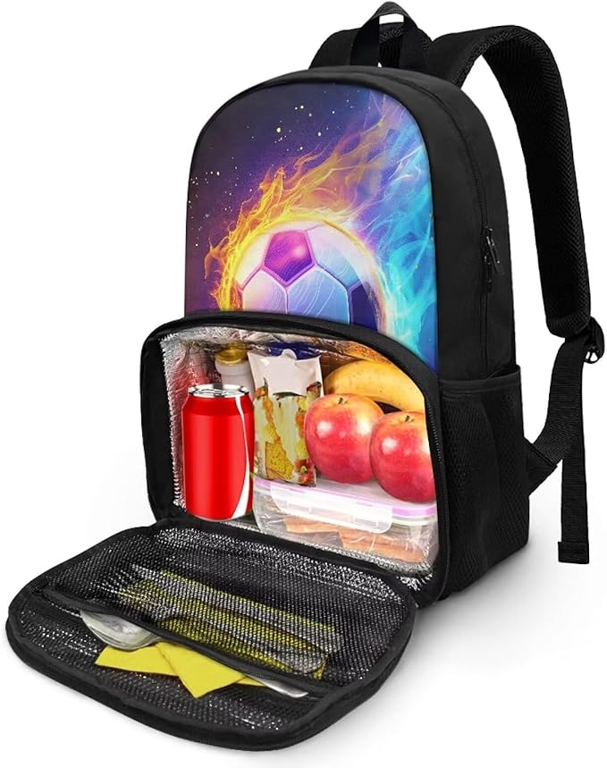 Orange & Blue Fire Soccer Insulated Cooler Lunch Bag Backpack Fashion Laptop Backpack Computer Bag Meal Prep Backpack for Picnic College Travel Kids School Bookbag