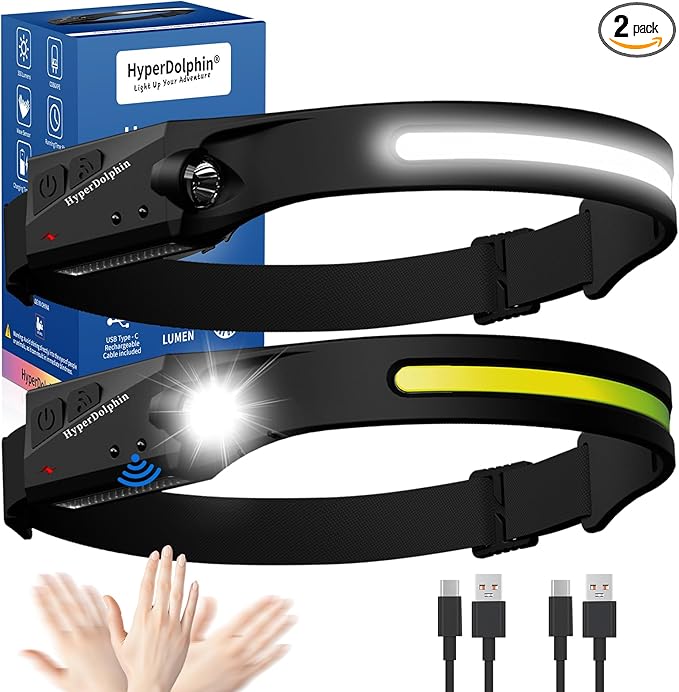 Headlamp Rechargeable LED (2 Pack) 230° Wide Beam, USB-C Lightweight Head Lamp, Long Runtime, Water-Resistant for Camping, Hiking, Running, Fishing, Repair Work