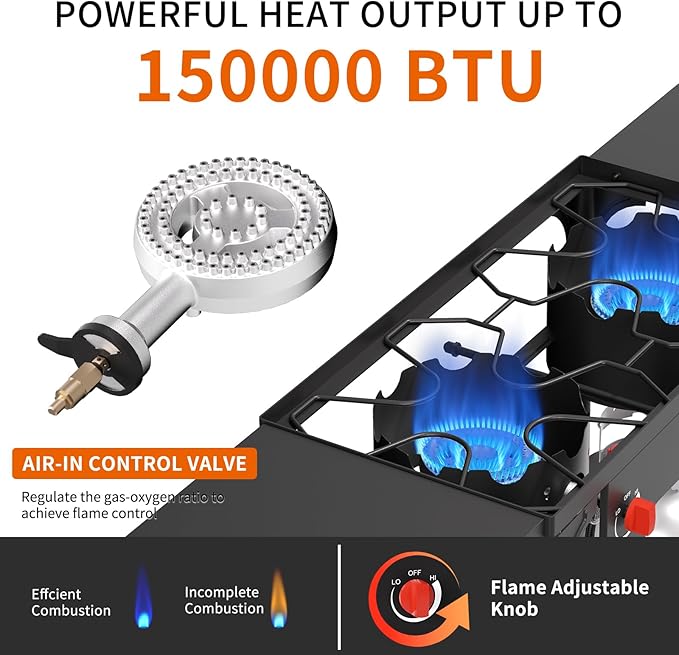 SKOK 2 Burners Portable Propane Stove with Wind Panel & Side Shelves,Portable Camping Stove with High Efficiency Propane Burner,Outdoor Stove for Camping, Backyard, Picnic